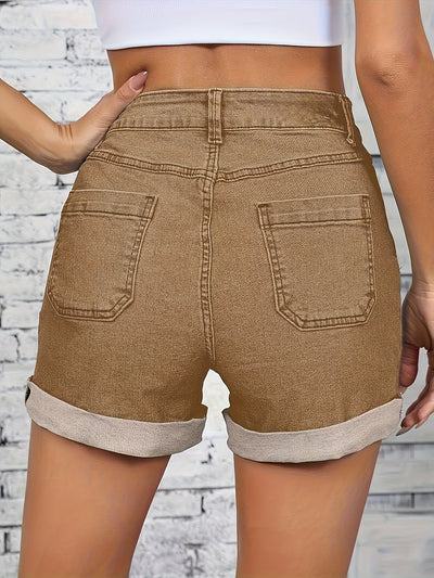 Thelma Højtaljede Stretch Denim Shorts Med Knap