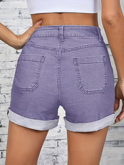 Thelma Højtaljede Stretch Denim Shorts Med Knap