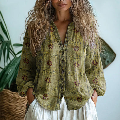 Ambre Vintage Bluse Med Bladprint