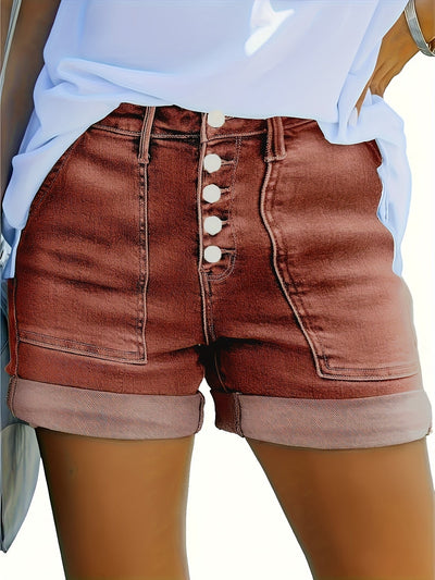 Thelma Højtaljede Stretch Denim Shorts Med Knap
